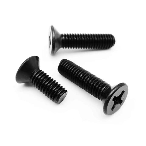 Rock Solid Black Carbon Steel Phillips Countersunk Head Screws M2x10mm 100 Piece Pack, three screws showing flat heads and threads.