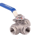 Three Way Ball Valve With T Mounting Pad Built Tough Stainless Steel 304 With Vinyl Locking Handle Three Quarter Inch NPT 1000 WOG