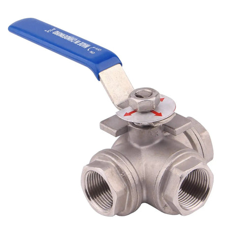 Three Way Ball Valve With T Mounting Pad Built Tough Stainless Steel 304 With Vinyl Locking Handle Three Quarter Inch NPT 1000 WOG
