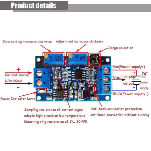 Four Pack Current To Voltage Converter Module For 4-20mA To 0-3.3V, 0-5V, Or 0-10V Readouts with labeled components.
