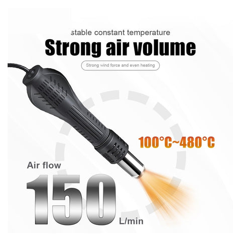 750W Soldering Iron Station 2 In 1 Hot Air Rework Station showing air flow at 150 L/min and temperature range 100-480°C