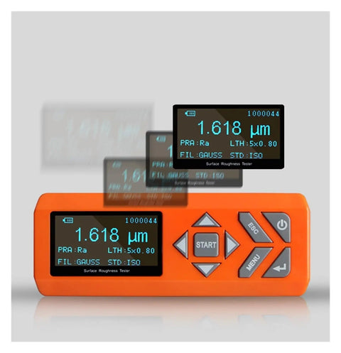 Top Shelf Digital Surface Roughness Tester With Crisp LCD Readout And Compact Profile Gauge showing measurement and controls.
