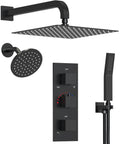 GRANDJOY Dual Rainfall Shower System, 3-Function, Matte Black with 12" square and 6" round heads, wall control, and handheld sprayer.