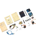Solar Powered STEM Learning Kit For Kids DIY Wooden Smart Tracker Project For Hands On Programming IDE Compatible Classroom And Home Learning Beginner Friendly, wooden parts and electronics laid out