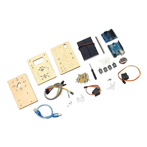 Solar Powered STEM Learning Kit For Kids DIY Wooden Smart Tracker Project For Hands On Programming IDE Compatible Classroom And Home Learning Beginner Friendly, wooden parts and electronics laid out