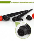 No-Fuss 1/4 Inch Drip Irrigation Emitters Set, 25 Pack with lock barbed connectors, black design, close-up of disassembled parts