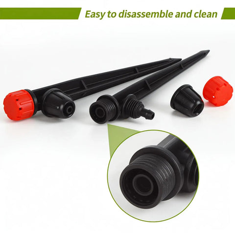 No-Fuss 1/4 Inch Drip Irrigation Emitters Set, 25 Pack with lock barbed connectors, black design, close-up of disassembled parts