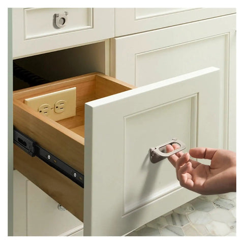 Person opening cabinet with "Set Of 2 Dope Quiet Drawer Slides For 8 To 20 Inch Drawers, 45mm Track Width, Three-Section Rail System"