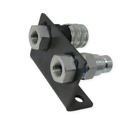 Dual hydraulic quick-connect coupler set with flat-face fittings on mounting bracket; 1/2" NPT ISO 16028 steel