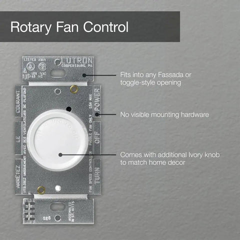 Rotary On Off Fan Speed Controller for 3 Gang Wall Plates With Flush Mount and No Visible Screws, Includes White and Ivory Knobs, Ideal With Traditional Dimmers and Switches, Oversized Design Hides Gaps for Secure Clean Install, white knob close-up