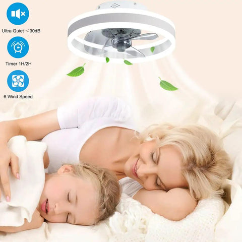 Dope 16 Inch Bladeless Ceiling Fan With Lights Remote And App Control Sleek White Flush Mount in cozy bedroom setting