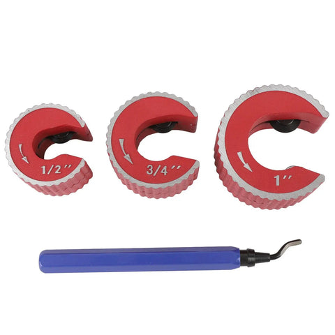 Pro Grade Automatic Copper Pipe Cutter for half inch three quarter inch and one inch tubing with durable metal construction, tools displayed.