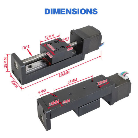 Premium 50mm Mini Linear Stage Actuator with 28 by 30 Stepper Motor and T Threaded Lead Screw Rod for Sick DIY CNC Router Builds showing detailed dimensions.