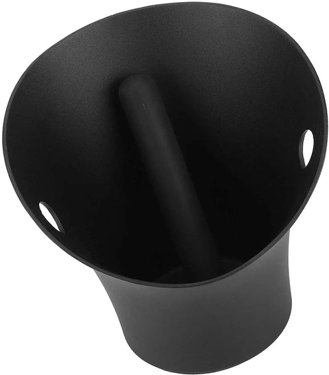 Built Tough Stainless Steel Coffee Knock Box With Non Slip Base And Deep Flared Opening Heavy Duty Espresso Percussion Bin, top view.