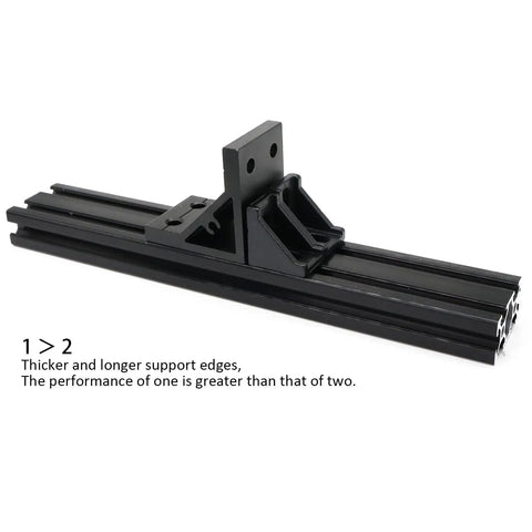 Close-up of 2040 aluminum extrusion corner bracket installed with T slot nuts and bolts on 20x40 extruded aluminum profile.
