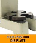 Professional Grade Three Ton Ratcheting Arbor Press with four-position die plate for precise metal bending and setup.