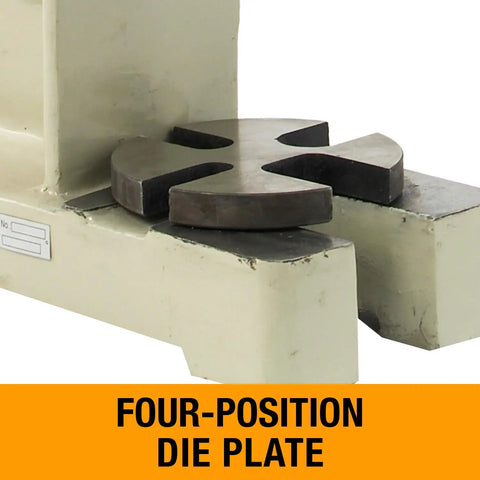 Professional Grade Three Ton Ratcheting Arbor Press with four-position die plate for precise metal bending and setup.