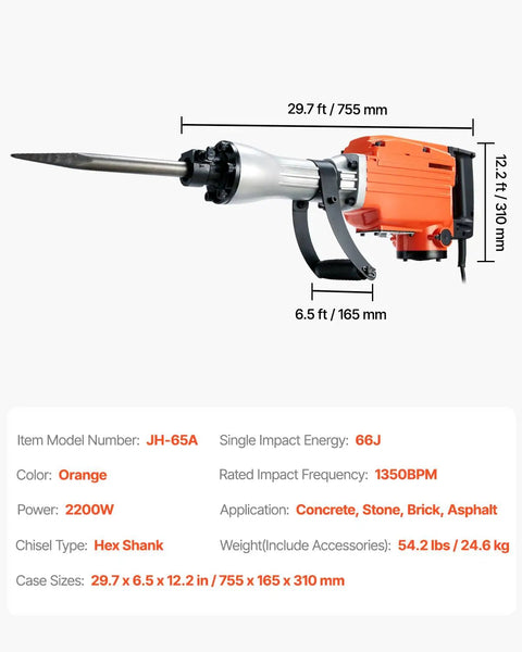 Beast 2200W Electric Demolition Jack Hammer Kit with 1400 BPM Concrete Breaker, orange hex shank, and handle