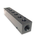 Heavy Duty Metal NPT Manifold With Two Inlets, 1/2 Inlet And 3/8 In Outlet, Black Anodized Aluminum, side view