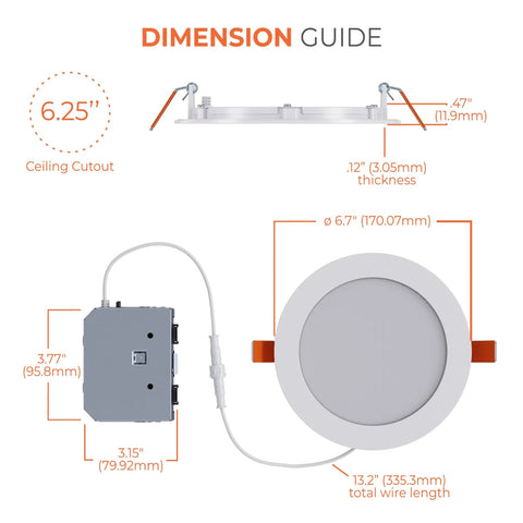 Dimension guide for Canless Led Recessed Lighting 6 Inch Dimmable Wet Location Rated With Slick Compact Frame