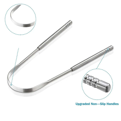 Three Piece Metal Tongue Scraper Set For Adults With Dual Handle Design Stainless Steel Tongue Cleaners close-up of scraper