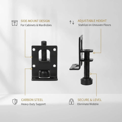 Heavy Duty Adjustable Cabinet Leveling Feet For Side Mount Wardrobes On Uneven Floors Carbon Steel Levelers front and side view