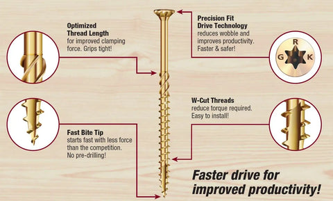 Diagram showing features of R4 Multi-Purpose Wood Screws Size 8 x 1-1/2 Inch Gold Finish, 1000 Count, Zip Tip No Pre-Drill, Star Drive Recess.