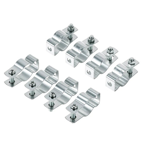 Rock Solid 3/4 Inch EMT Conduit Hangers 20 Pack With Bolts Zinc Plated Insulated Pipe Clamps displayed from a top angle.