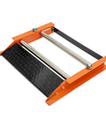 Close-up of heavy duty cable roller stand with 28-inch reel capacity, showing steel frame, powder coat, smooth rollers.