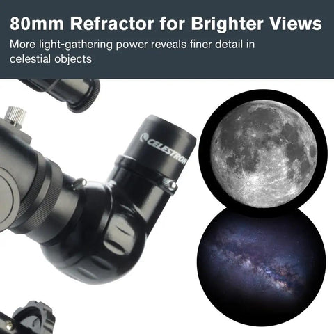 Beginner Friendly 80mm Refractor Telescope With Manual German Equatorial Mount For Moon And Planets, Easy Setup And Great Light Gathering For Craters, Planets, Stars And Nebulae. 80mm refractor eyepiece and Moon view