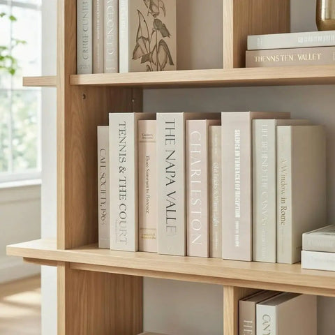 Nine Faux Books With Hidden Storage Set For Modern Shelves And Coffee Tables on wooden bookshelf
