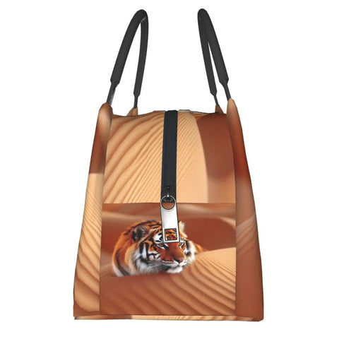Front view of Tigers In The Desert Insulated Lunch Bag With Soft Cooler Tote For Men And Women, showing tiger design and zipper detail.