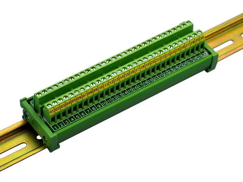 DIN Rail Mount 30-Position Screw Terminal Block Distribution Module With 24A Per Position, 400V Rating, 5.0mm Pitch, green module