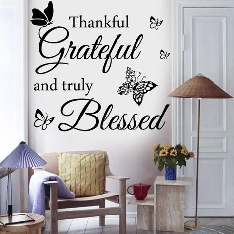 Thankful Grateful And Truly Blessed Inspirational Quote Vinyl Wall Decor For Home Living Room Kitchen And Office Decor Elevates Any Space With Positive Vibes on living room wall with decor
