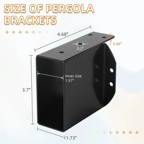 Front view of Heavy Duty Pergola Rafter Bracket Set Four Pack 2x4 Post Top Wall Mount Brackets showing dimensions.