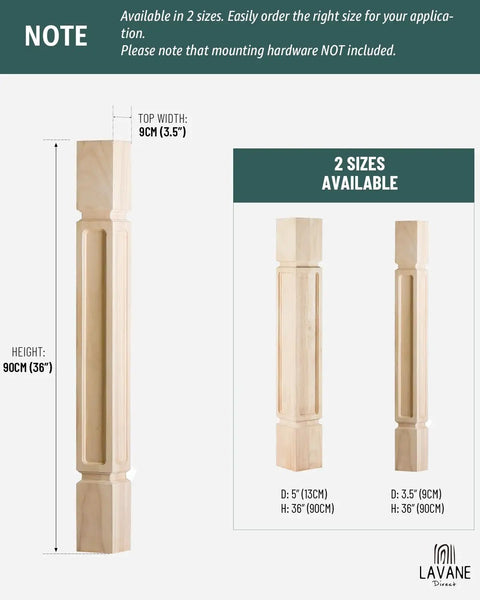 Beefy Solid Wood Kitchen Island Legs Set Of 2 35.5 Inch High By 3.5 Inch Wide By 3.5 Inch Deep Raised Panel Unfinished Replacement Cabinet Columns For Large Kitchen And Dining Tables Ready To Finish, shown in 2 sizes with dimensions.