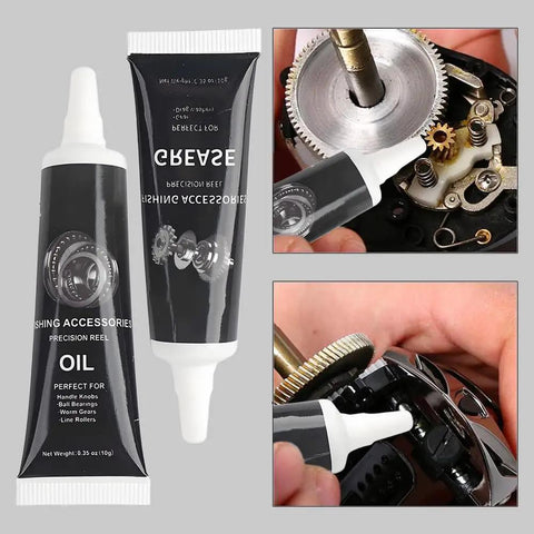 Fishing Reel Lubrication Kit with Pro Grade Maintenance Oil and Grease being applied to reel gears