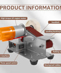 Close-up view of 7 Speed Adjustable Buffer Polisher With Electric Belt Sander And Knife Sharpener Attachment showing copper motor, sandbelt, and controls.