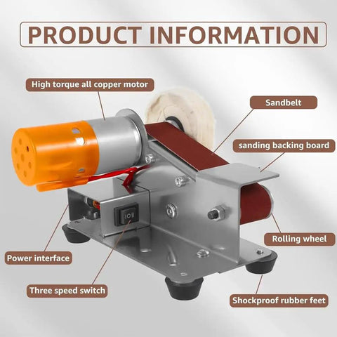 Close-up view of 7 Speed Adjustable Buffer Polisher With Electric Belt Sander And Knife Sharpener Attachment showing copper motor, sandbelt, and controls.