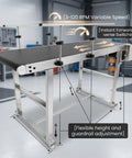 Industrial Stainless Steel Conveyor System With 59 Inch Motorized PVC Belt Adjustable Double Guardrails Dual Direction Operation Variable Speed From 3 To 120 RPM Heavy Duty Belt Grid For Automation And Warehousing in motion with adjustable guardrails in a warehouse setting
