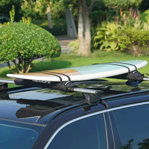 Soft Roof Rack Pads With Two 15 Ft Tie Down Straps for surfboard on car, durable waterproof 600D polyester padding, black pair