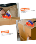 Doitool 3 Pack Nonslip Tape Cutting Machines For Food Bags Reusable Carton Sealers Easy To Use Heavy Duty Bag Sealing Tools Quick Release Dispensers Waterproof Design For Home Or Business Packing Needs in use, cutting tape on a box.