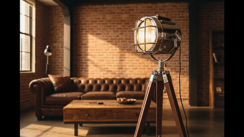 Nautical Style Chrome Spotlight Floor Lamp With Brown Wood Tripod Stand in a vintage brick-walled living room setting
