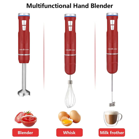 Badass Cordless Immersion Stick Blender With 8 Power Levels And 3 In 1 Utility For Silky Purees Savory Soups And Thick Sauces showing blender, whisk, milk frother.