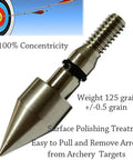 "Close-up of 100 Grain Archery Field Points Stainless Steel Tips 5/16 Inch O Ring, target background"