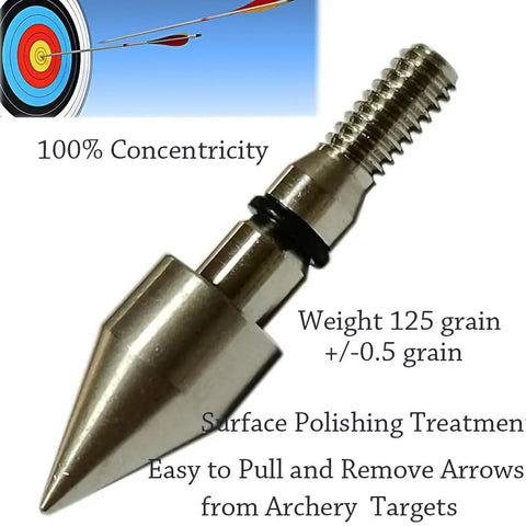 "Close-up of 100 Grain Archery Field Points Stainless Steel Tips 5/16 Inch O Ring, target background"