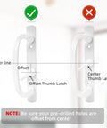 White Patio Sliding Glass Door Handle Set With Reversible Design Fits 1 3 8 To 2 1 4 Inch Thick Wood Or Vinyl Doors 3 15 16 Inch Hole Centers And 45 Degree Keyway For Offset B Position Latch Installations shown with offset and center thumb latches