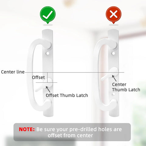 White Patio Sliding Glass Door Handle Set With Reversible Design Fits 1 3 8 To 2 1 4 Inch Thick Wood Or Vinyl Doors 3 15 16 Inch Hole Centers And 45 Degree Keyway For Offset B Position Latch Installations shown with offset and center thumb latches