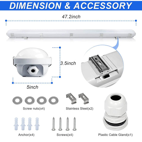 Rugged Four Foot Vapor Tight Shop Light with 40W 50W 60W Selectable Power And 3000K to 5000K Tunable CCT IP66 Waterproof ETL Listed 100-277V dimensions and accessories.