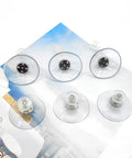 Heavy Duty 6 Piece Suction Cups With Metal Screw Threaded Rod, clear PVC holders laid out on a colorful background